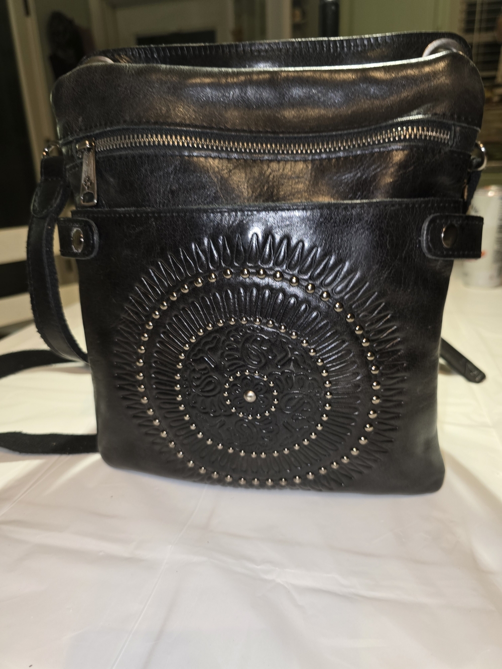 Patricia Nash Black Embossed Leather Crossbody with Studded Medallion - Picture 3 of 6